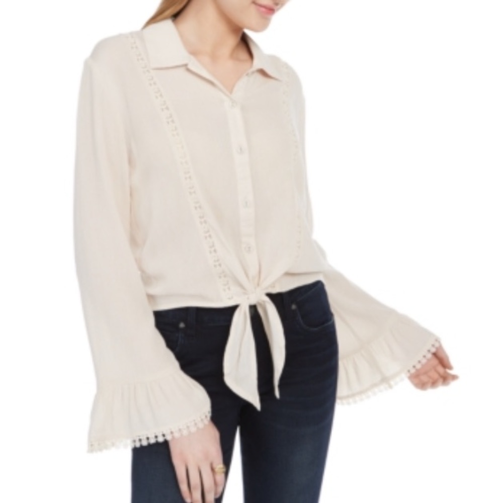 Gypsies & Moondust Womens Beige Tie Front Long Sleeve Collared Button up Size L